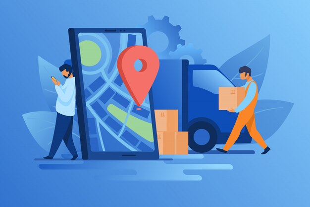 Repartidor y destinatario que se apoya en el teléfono inteligente con pin