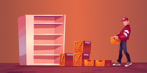 Repartidor de dibujos animados con caja de madera