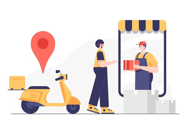 El repartidor recoge el paquete de la tienda en línea para enviarlo al cliente con ubicación en la aplicación en motocicleta, ilustración vectorial