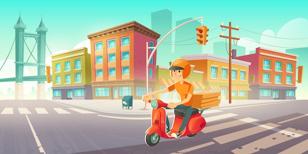 Repartidor en scooter conduce en la calle de la ciudad