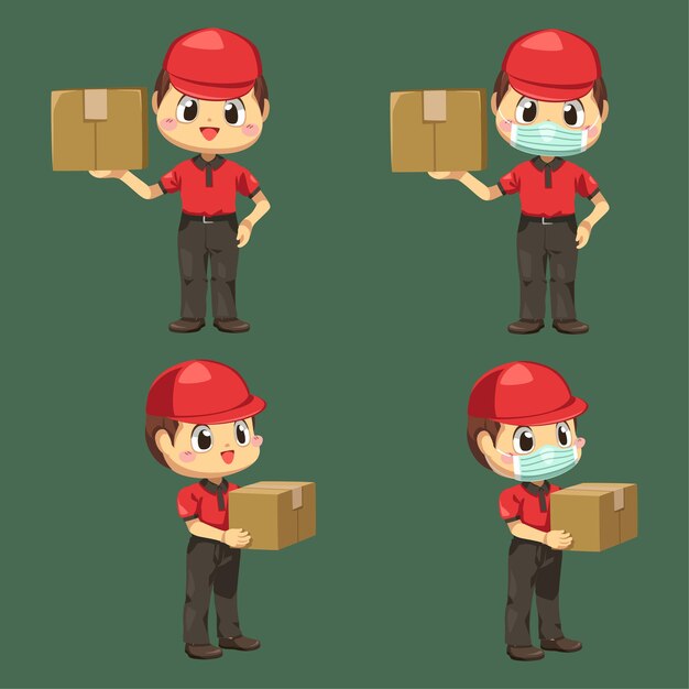 Repartidor con uniforme y gorra con caja de paquetería y sobre en personaje de dibujos animados, ilustración plana aislada