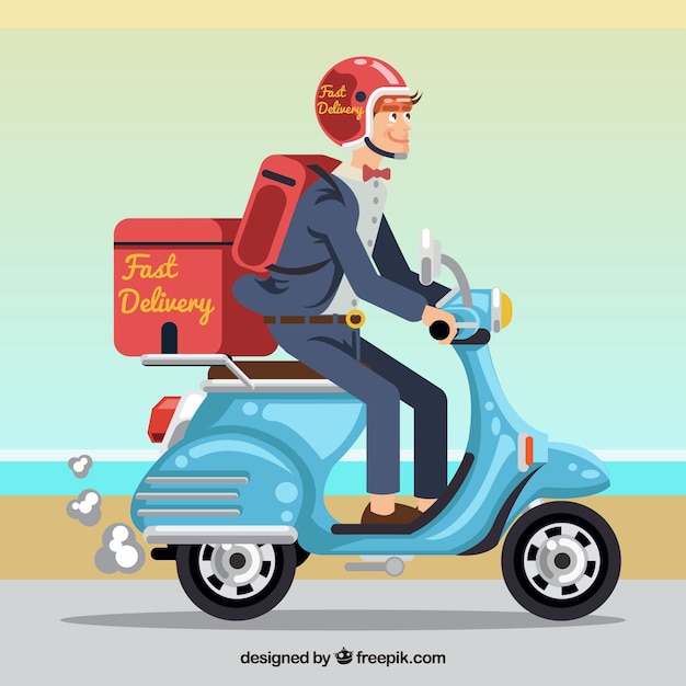 Vector gratuito reparto en scooter con estilo de dibujo animado