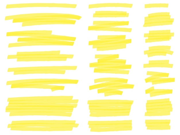 Resalte las líneas de marcador. Trazos de marcadores de resaltado de texto amarillo, marcado de resaltados
