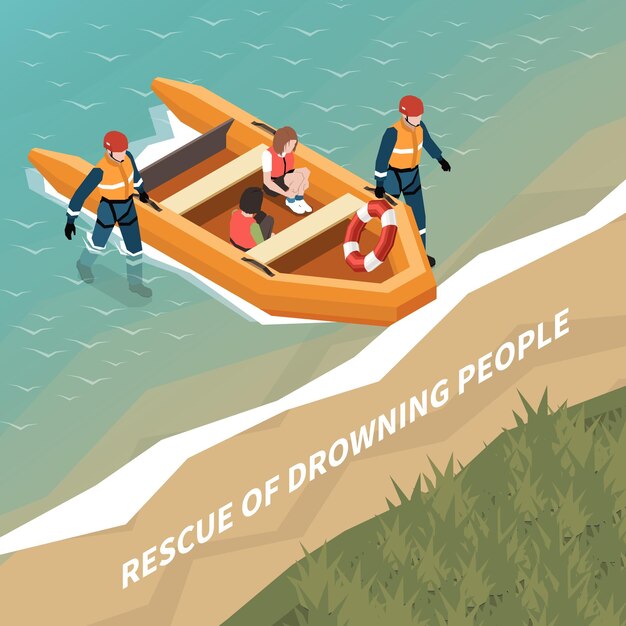 El rescate de personas ahogadas fondo isométrico con un equipo de salvavidas salvó a una niña y un niño sentados en la ilustración del vector del barco