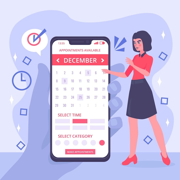 Vector gratuito reserva de citas con mujer y teléfono inteligente