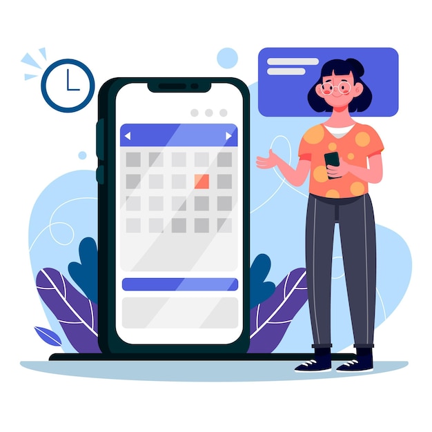 Vector gratuito reserva de citas con mujer y teléfono inteligente