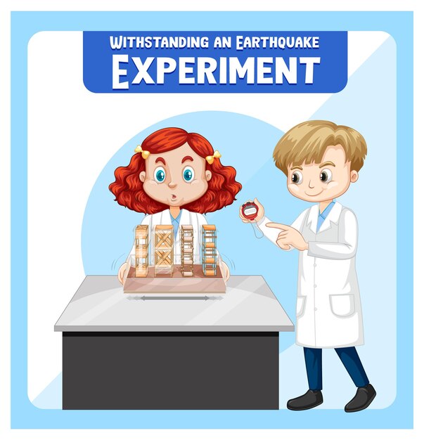 Resistiendo el experimento del terremoto con el personaje de dibujos animados de los niños científicos