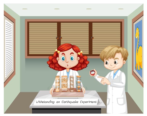 Resistiendo el experimento del terremoto con el personaje de dibujos animados de los niños científicos