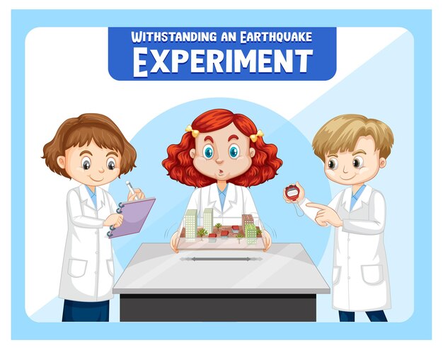 Resistiendo el experimento del terremoto con el personaje de dibujos animados de los niños científicos