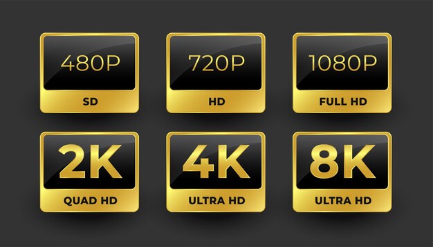 Resolución de vídeo 480p 720p 1080p 2k 4k y 8k ultra hd icono de la etiqueta