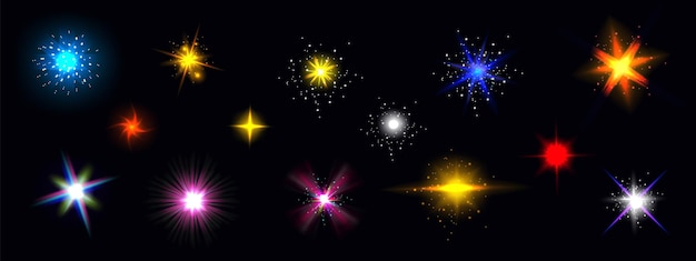 Vector gratuito resplandor de luz de estrella, conjunto de deslumbramiento de vector colorido brillante