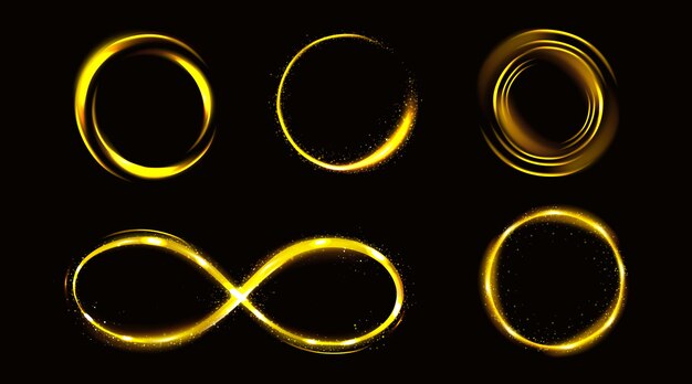 Resplandor símbolo de infinito de oro y círculos con destellos