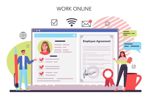 Responsabilidades de los trabajadores Servicio o plataforma en línea Gestión de personal y adaptación de los empleados Trabajo en línea Ilustración de vector plano aislado