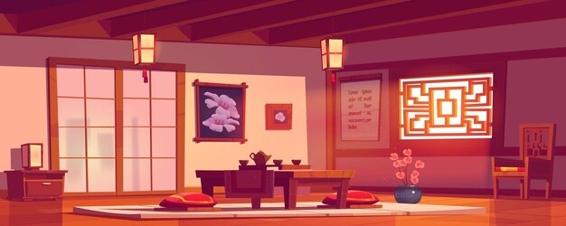 Restaurante asiático, interior vacío de café chino o japonés en estilo tradicional con mesa para la ceremonia del té, flores de sakura, escritorio bajo con almohadas en el piso, ilustración de vector de dibujos animados de cafetería
