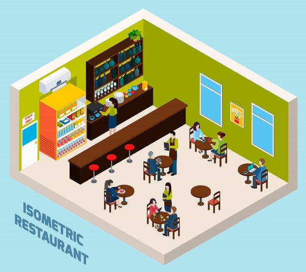 Restaurante Bar Interior Isométrico Composición Cartel