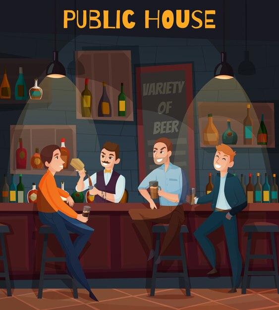 Restaurante coloreado pub visitantes composición con casa pública