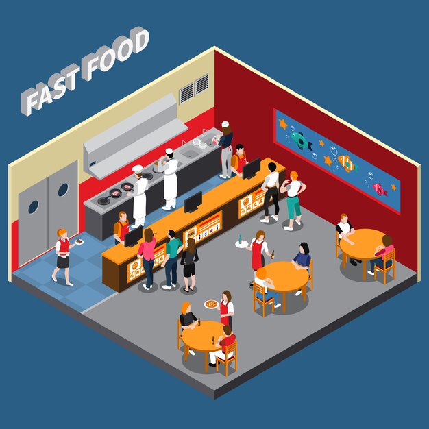Restaurante de comida rápida ilustración isométrica