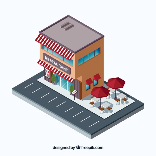 Restaurante isométrico con aparcamiento y terraza