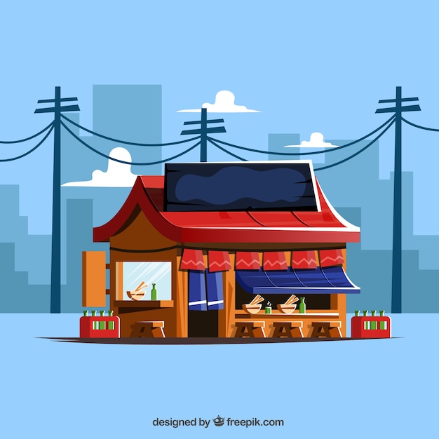 Vector gratuito restaurante japonés con paisaje urbano