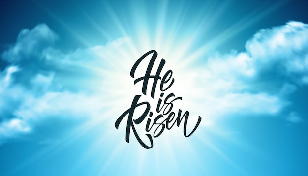 Resucitó con letras sobre un fondo de nubes y sol. Fondo para felicitaciones por la resurrección de Cristo. Ilustración de vector EPS10