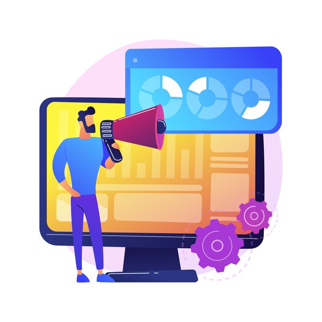 Resultados de encuestas de Internet. Encuesta de marketing, análisis de informes, cuestionario. Personaje de dibujos animados de comercializador con megáfono. Infografía en la pantalla del monitor.