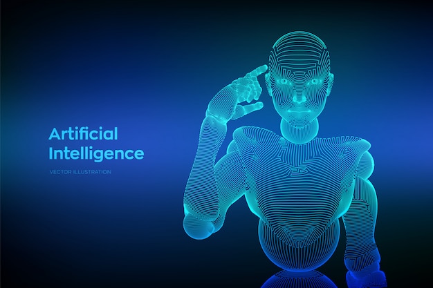 Resumen cyborg o robot de estructura metálica sostiene un dedo cerca de la cabeza y piensa o calcula usando su inteligencia artificial.