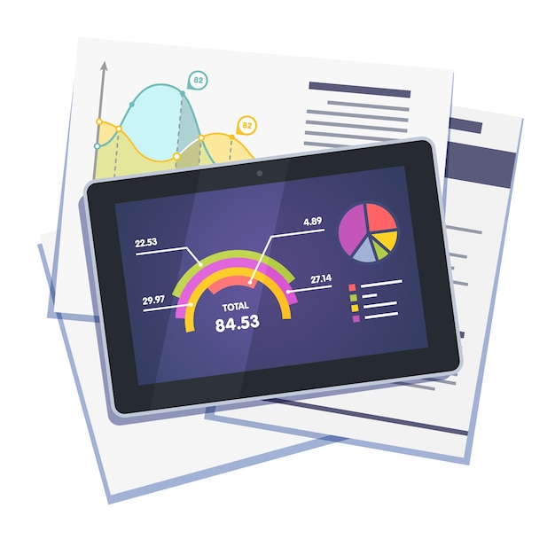 Vector gratuito resumen de datos estadísticos en papel y tableta