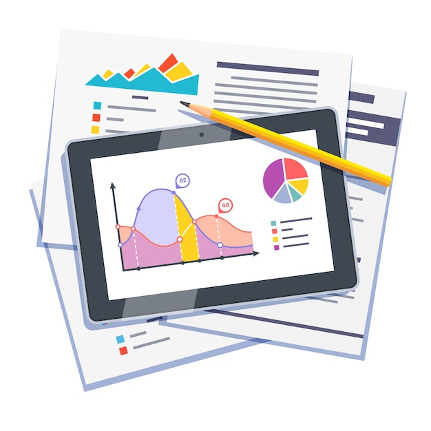 Resumen de datos estadísticos en papel y tableta