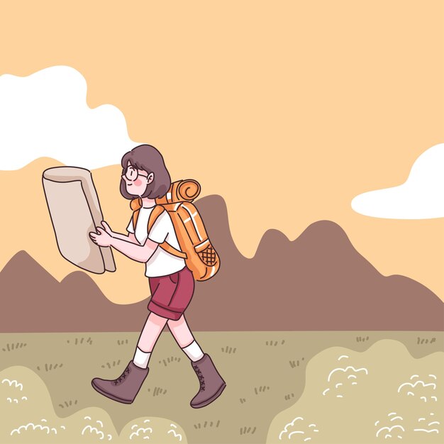 Resumen mujer joven con mochila y mapa caminando por la pradera en el bosque durante el campamento en personaje de dibujos animados, ilustración plana