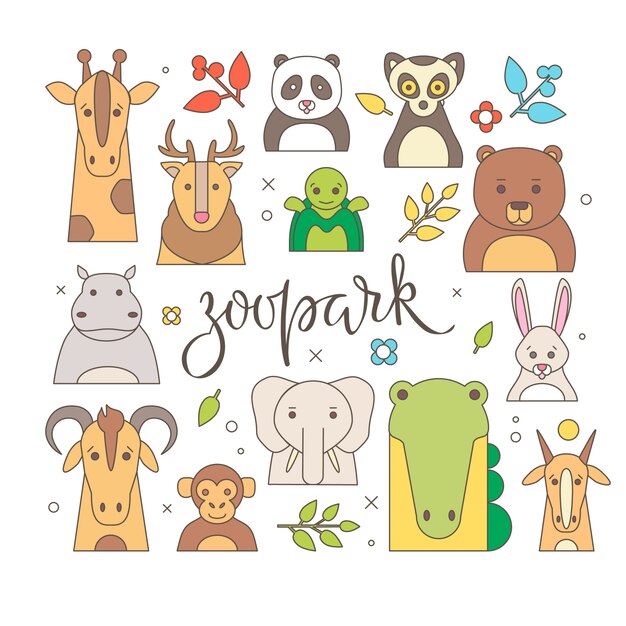 Retrato de animales de zoológico con diseño plano