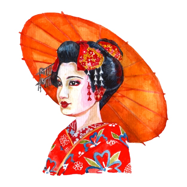 Retrato de bella dama japonesa en ropa de mujer tradicional y arreglo de pelo