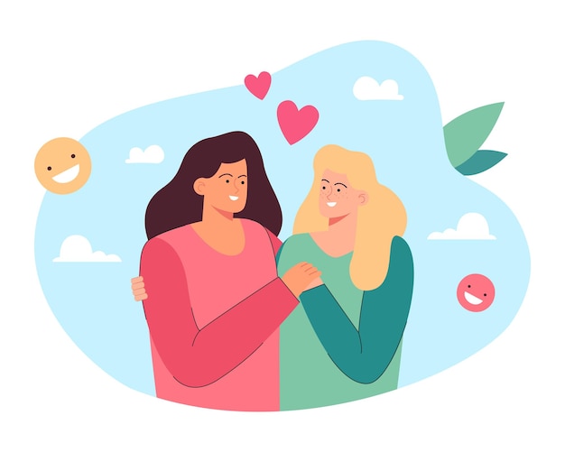 Retrato con corazones de feliz pareja de lesbianas en citas. Personajes femeninos homosexuales abrazándose en la fecha, dos mujeres de pie juntas ilustración vectorial plana. Amor, intimidad, concepto de relación LGBT