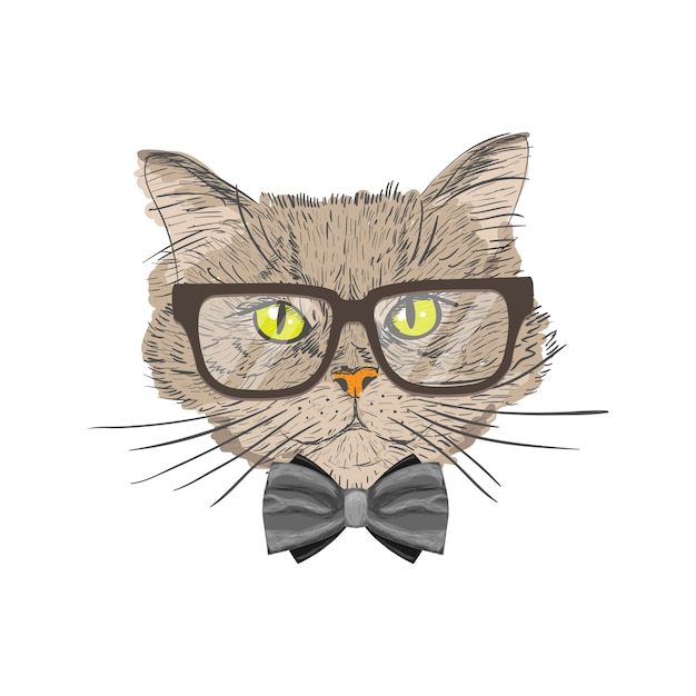 Vector gratuito retrato de un gato con pajarita y gafas hipster con mirada aislado ilustración vectorial