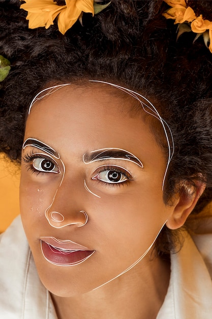 Retrato de mujer con líneas en su rostro.