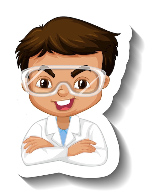 Vector gratuito retrato de un niño en bata de ciencia personaje de dibujos animados pegatina