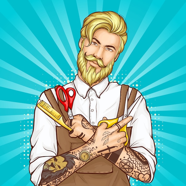 Retrato de vector de arte pop de peluquería peluquero