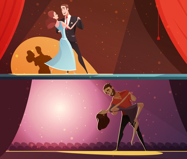 Retro dance studio 2 banners horizontales de dibujos animados con el aislante de rendimiento clásico de walz y rhumba
