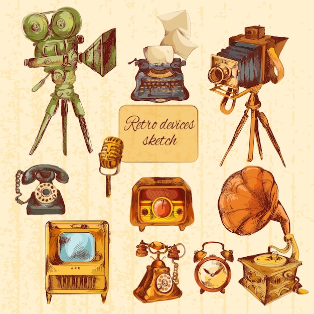 Vector gratuito retro devices sketch colored