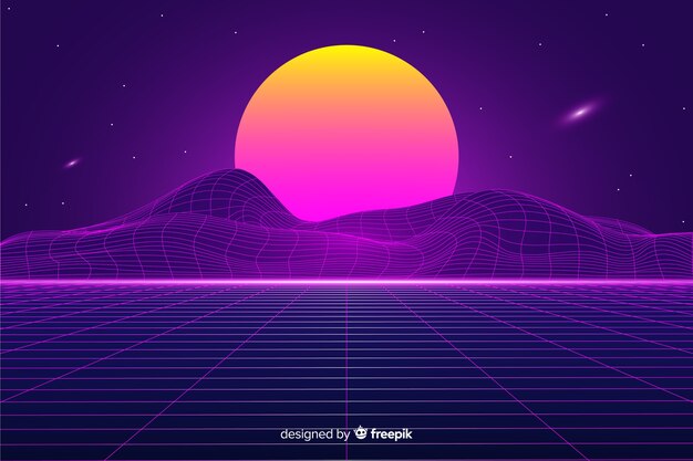 Retro paisaje futurista de fondo con sol