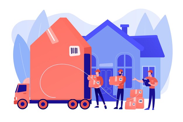 Reubicación de viviendas, cajas de clientes y contenedores de cartón en camión. Servicios de mudanzas, mudanzas puerta a puerta, el mejor concepto de servicio de mudanzas. Ilustración aislada de bluevector coral rosado