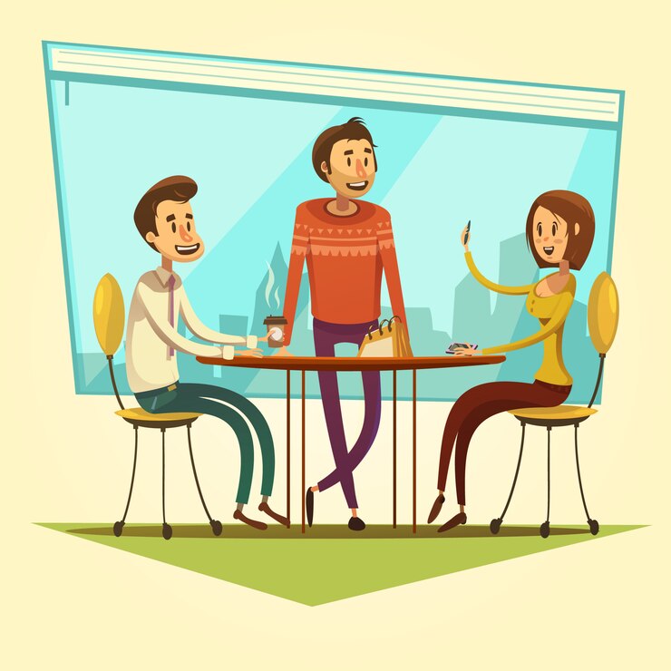 Vector gratuito reunión de negocios y coworking con mesa y café en fondo amarillo ilustración vectorial de dibujos animados