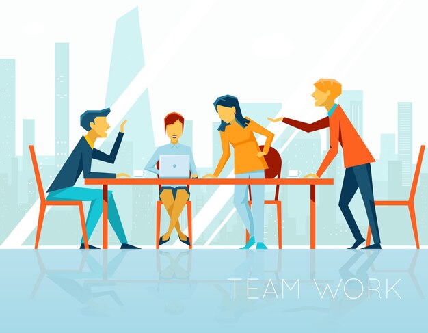Reunión de negocios. Gente hablando y trabajando en la oficina. Coffee break, empresaria y empresario, ilustración vectorial