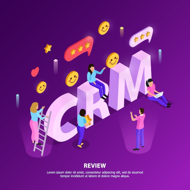 Revisión del cliente de CRM con elementos de clasificación y lealtad en color púrpura con letras tipográficas isométricas