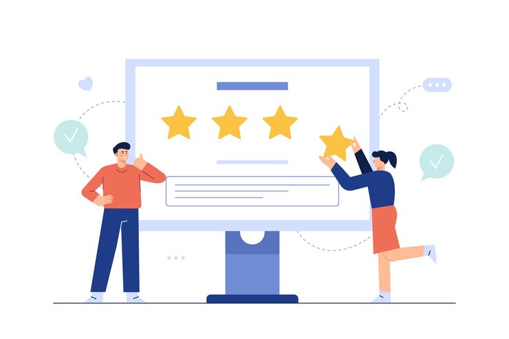 Vector gratuito revisión del cliente en la pantalla web, opinión empresarial exitosa de 4/4 estrellas