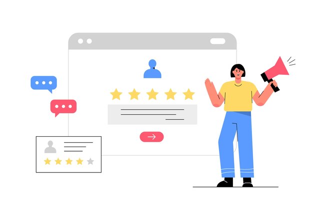 Revisión del cliente en la pantalla web, opinión empresarial exitosa de 5 estrellas