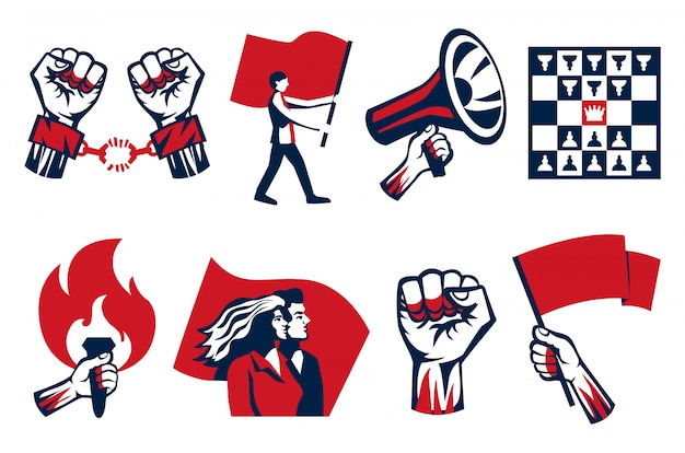 Revolución que propaga llamadas a la libertad de lucha símbolos de unidad 2 conjuntos de iconos constructivistas vintage horizontales aislados