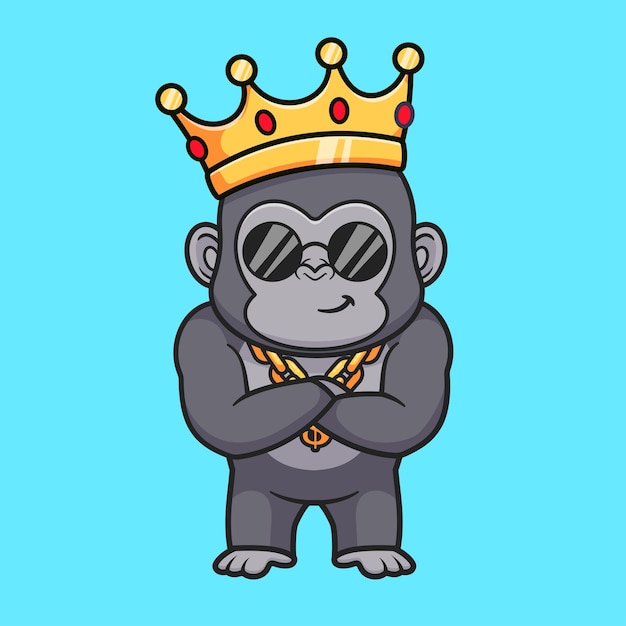 Vector gratuito rey gorila lindo con ilustración de icono de vector de dibujos animados de corona. concepto de icono de finanzas animales aislado