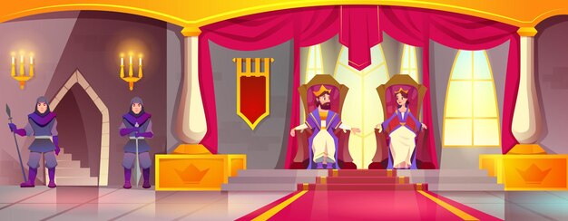 Rey y reina de dibujos animados en corona de oro en el trono en el castillo medieval
