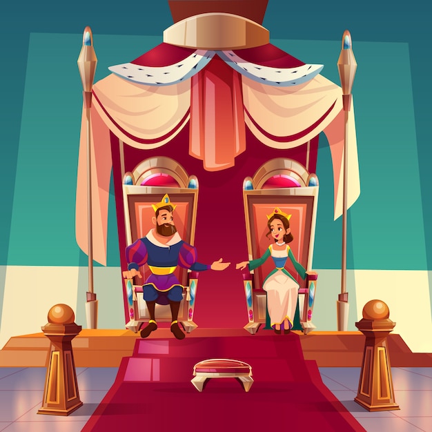 Rey y reina sentados en tronos en palacio.