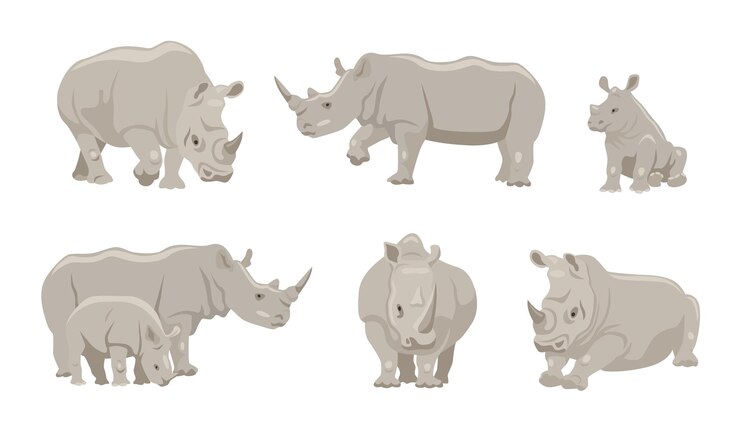 Vector gratuito rinoceronte con conjunto de ilustración de dibujos animados de animales jóvenes. personaje de rinoceronte gris en diferentes posiciones, caminando, acostado y sentado sobre fondo blanco. animal, familia, concepto de vida silvestre.
